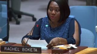 Rachel Boketa, DRC Country Director, speaks at the UN Security Council Open Debate on Protection of Civilians in May, 2022.