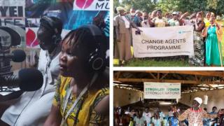 Change Agents in action during radio show and community meetings in South Sudan. Photo Credit: Women for Women International.