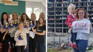 Ukrainian refugees regain their hope in an art therapy session led by Kateryna, from Bereginya/Human Doc, and Iryna Andreeva, Co-Founder and Director, The Andreev Foundation standing with her daughter outside a bombed out building in Kyiv.