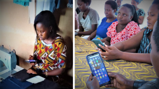 Marie Claire and VSLA group in Rwanda using the DreamSave app. Photo: Women for Women Rwanda