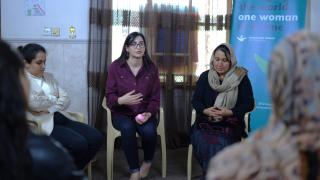 Khalida with women at the Women for Women International - Kurdistan Region of Iraq Centre, speaking during the Solidarity Circle held in 2022 for women survivors of the ISIS insurgency. Photo: Women for Women International