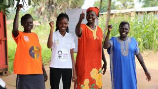 Jozela (second from the left) with other women in her Women for Women International training group. Women in our programme learn in groups of 25, supporting each other to gain skills and confidence. Photo: Women for Women International