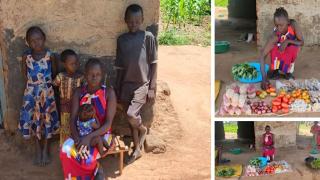 Joyce with her four children at their home in Yei and selling vegetables at the market. Photos: Women for Women International