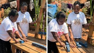 Faida teaching her daughter how to cut homemade soap. Photo: Patrick Luhiriri