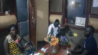 Radio broadcasting on COVID-19 in South Sudan. From left: Leila Apai (Reproductive Health Expert, Ministry of Health), Dr. Wani (State Task Force), Joseph Tukube (Women for Women International - South Sudan)