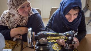 A sewing class at the Warvin center in Debaga camp, Erbil, Iraq.