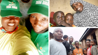 Clockwise from left: Grace and Hadiza at the radio station, Hadiza at home with her sons, Grace with her family. Photos: Women for Women International