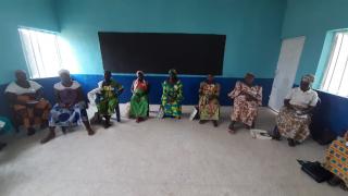 Saratu and her group practice social distancing during a COVID-19 awareness session. Photo: Women for Women International.