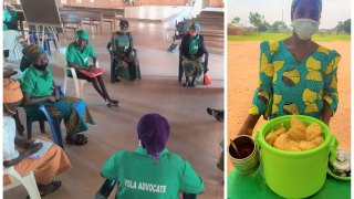 L: Participants attend a Village Saving and Loans Association meeting; R: Saratu sells her steamed bean pudding before class. Photos: Women for Women International