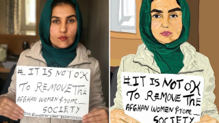 Latifa, a former member of the Women for Women International team in Afghanistan taking part in our 16 Days of Activism #ItsNotOK campaign. Last August, Latifa left Afghanistan for the UK. She is still advocating for the women of Afghanistan from afar.